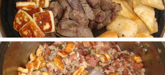 Baião de dois com carne de sol, aipim e queijo coalho frio
