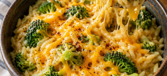 Orzo cremoso de brócolis com cheddar servido em tigela